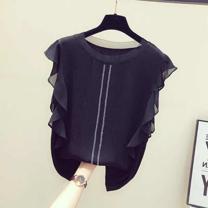 

Summer New Ruffles Women Blouse Chiffon Diamond Solid O-Neck Slim Office Lady Elegant Shirts Fashion Outwear Tops