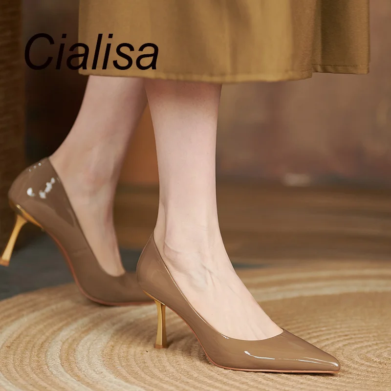 

Туфли Cialisa женские из лакированной кожи, заостренный носок, высокий тонкий каблук, элегантные офисные туфли-лодочки, черный цвет, весна-осень