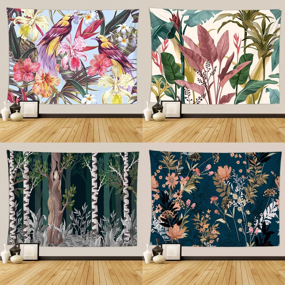 

Tropical Leaves Palm Tree Tapestry Wall Hanging Watercolor Flower Plant Tapestry Colorful Parrot Backdrop Cloth Tapestries Decor
