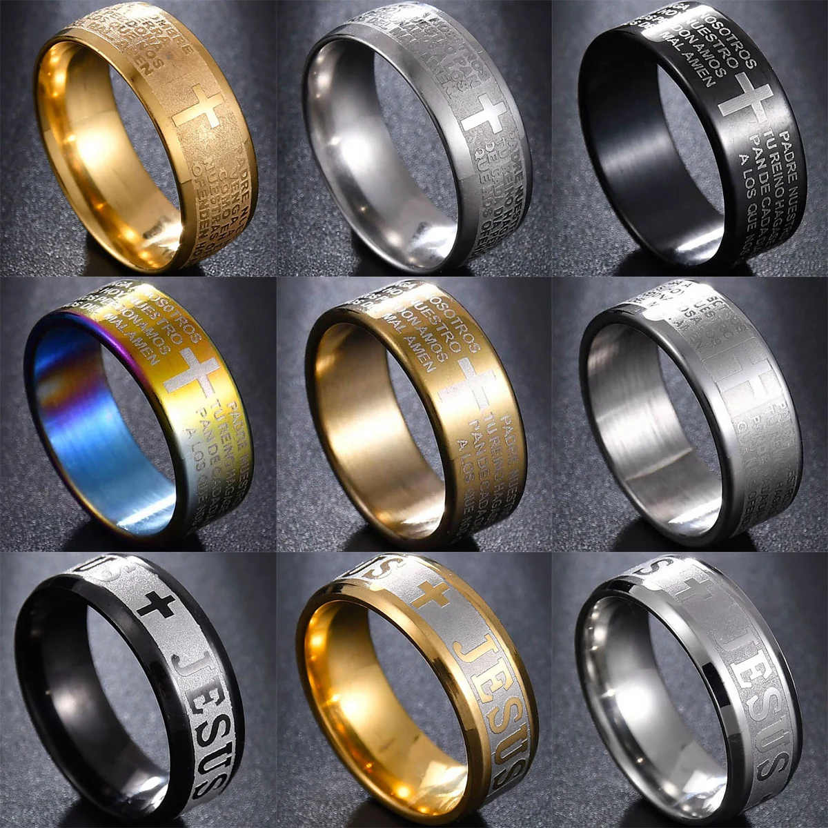 

Cool Men Stainless Steel Jesus Cross Rings For Trendy Women Birthday Party Gift Letter Bible Prayer Finger Jewelry 1Pcs