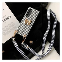 luxury 3d bow houndstooth phone case for samsung galaxy z fold 4 3 5g back cover with crossbody rope