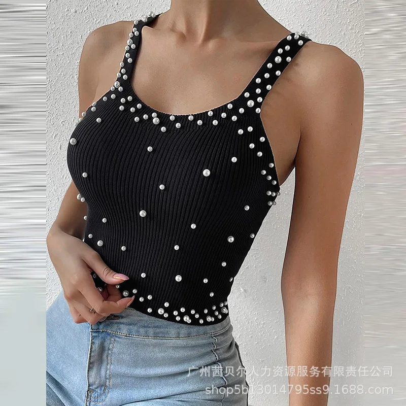 

Pearls Decor Thick Strap Tank Top Women Sexy Sleeveless Summer O Neck Solid Color Camis Tanks Tops Y2K