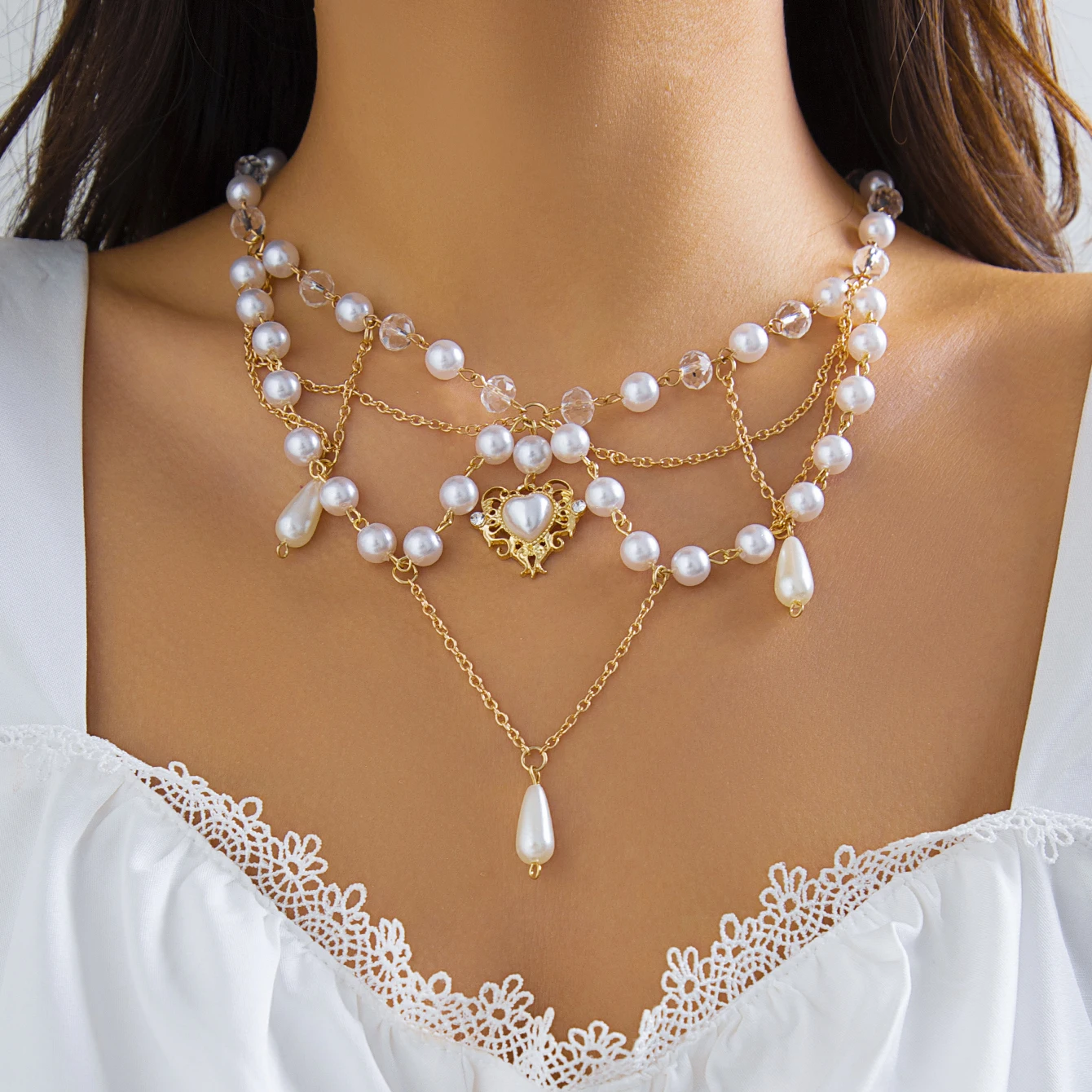 

Multilayer Boho Tassel Imitation Pearl Chain Necklace for Women Wed Bridal Vintage Bowknot Heart Cross Pendant Choker Jewelry