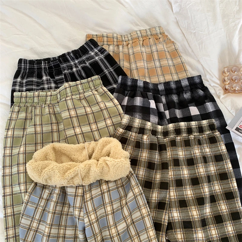

Fashion Warm Plush Pants Thicken Plaid Women Casual Loose Wide Leg FleeceTrousers Korean Streetwear Straight Pants Winter 2022