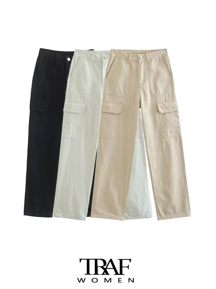 

Брюки-карго женские прямые с боковыми накладными карманами и высокой талией