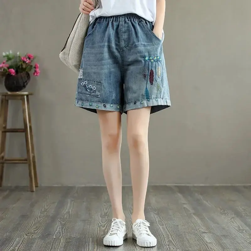 Шорты женские джинсовые с завышенной талией повседневные свободные прямые штаны