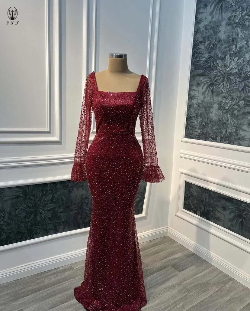 Элегантные Выпускные платья с квадратными блестками кружевом и длинным рукавом