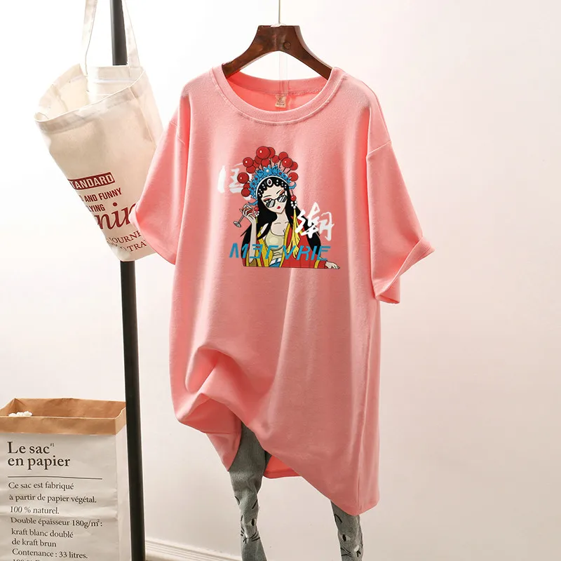 

DAYIFUN Cotton L-4XL T Shirt Dress Mid Length Chinese Style Tshirt Short Sleeve Women Plus Size Summer Oversize Long T Shirts