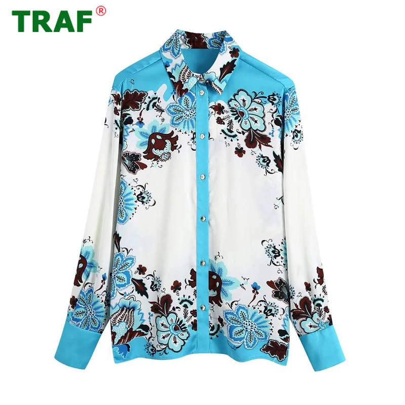 

TRAF Floral Print Shirts Woman Flowing Button Up Shirt Women Summer Vintage Top Female Long Sleeve Collared Shirt Women Blouses