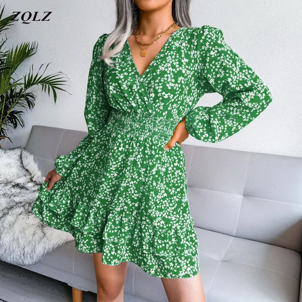 

ZQLZ Women Dresses Spring 2022 New V-neck Floral Print Boho Beach Party Dress Long Sleeves Chiffon Ruffles Mini Sexy Sundress