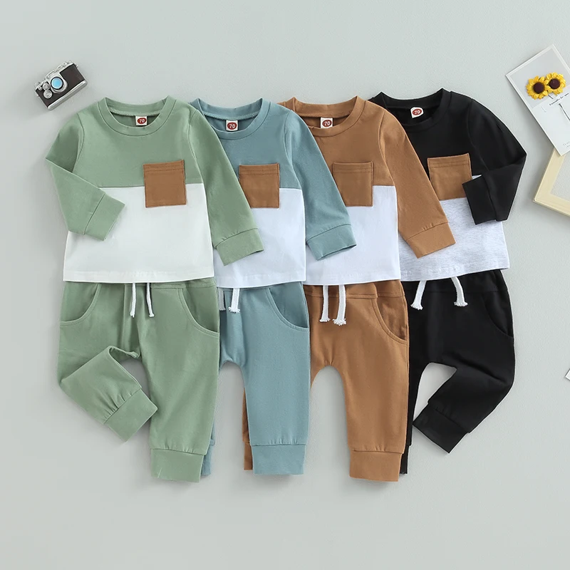 

Fashion Newborn Toddler Boys 2PCS Clothing Casual Long Sleeve Contrast Color Tops and Drawstring Pants Infant Baby's Sets