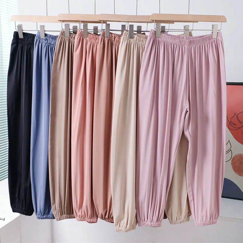 

Candy Color Casual Sleepwear Pantalones Female Home Wear Korean Ice Silk Pajamas Pant For Women Summer Draped Lantern Pants