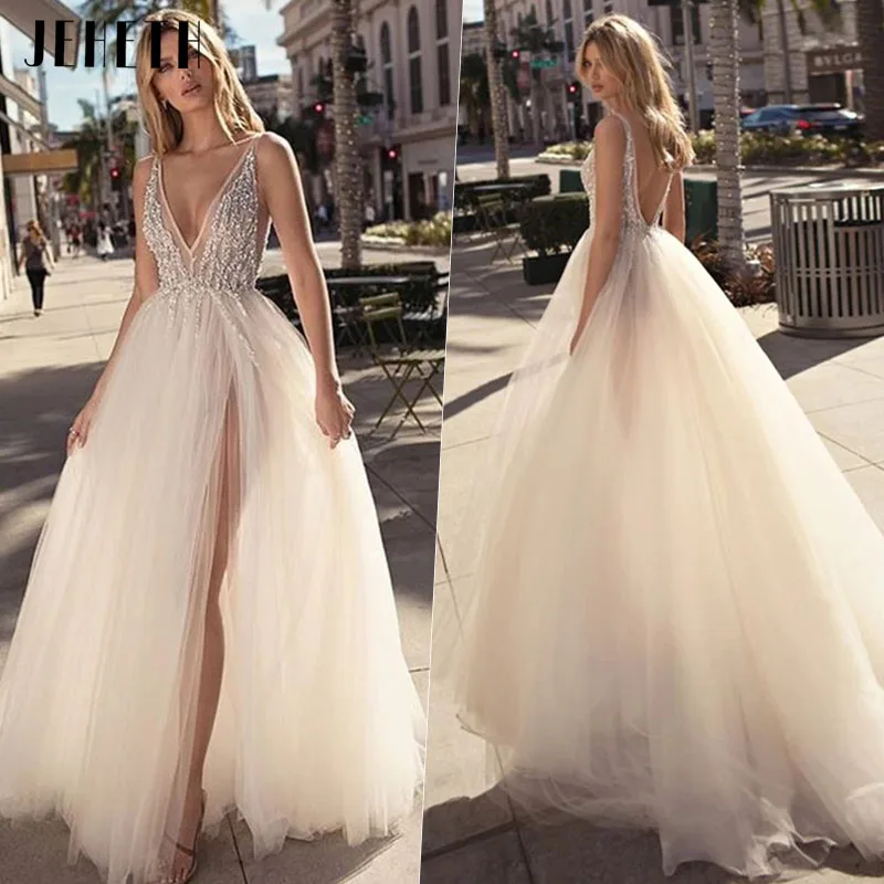 

Sexy V-Neck Tulle Wedding Dresses 2022 Sleeveless Side Split Backless 3D Appliques Backless Bridal Gowns Robe De Mariée