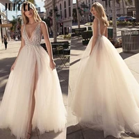 sexy v neck tulle wedding dresses 2022 sleeveless side split backless 3d appliques backless bridal gowns robe de mari%c3%a9e