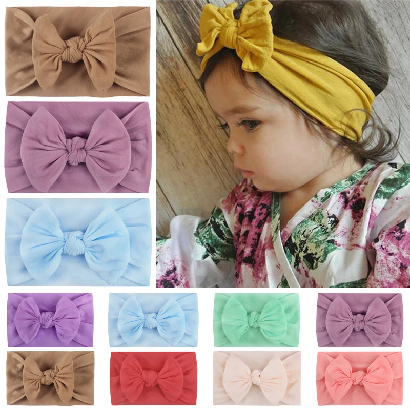 

Solid Color Soft Nylon Elastic Bows Baby Headband Knotted Newborn Baby Girl Headbands Girl Hair Accessories Baby Turban Hairband