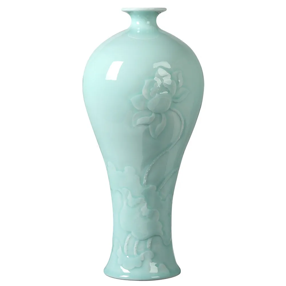 

Pure Hand Engraving Jingdezhen Shadow Blue Glaze Fine Porcelain Flower Vase Home Decor Tabletop Vase