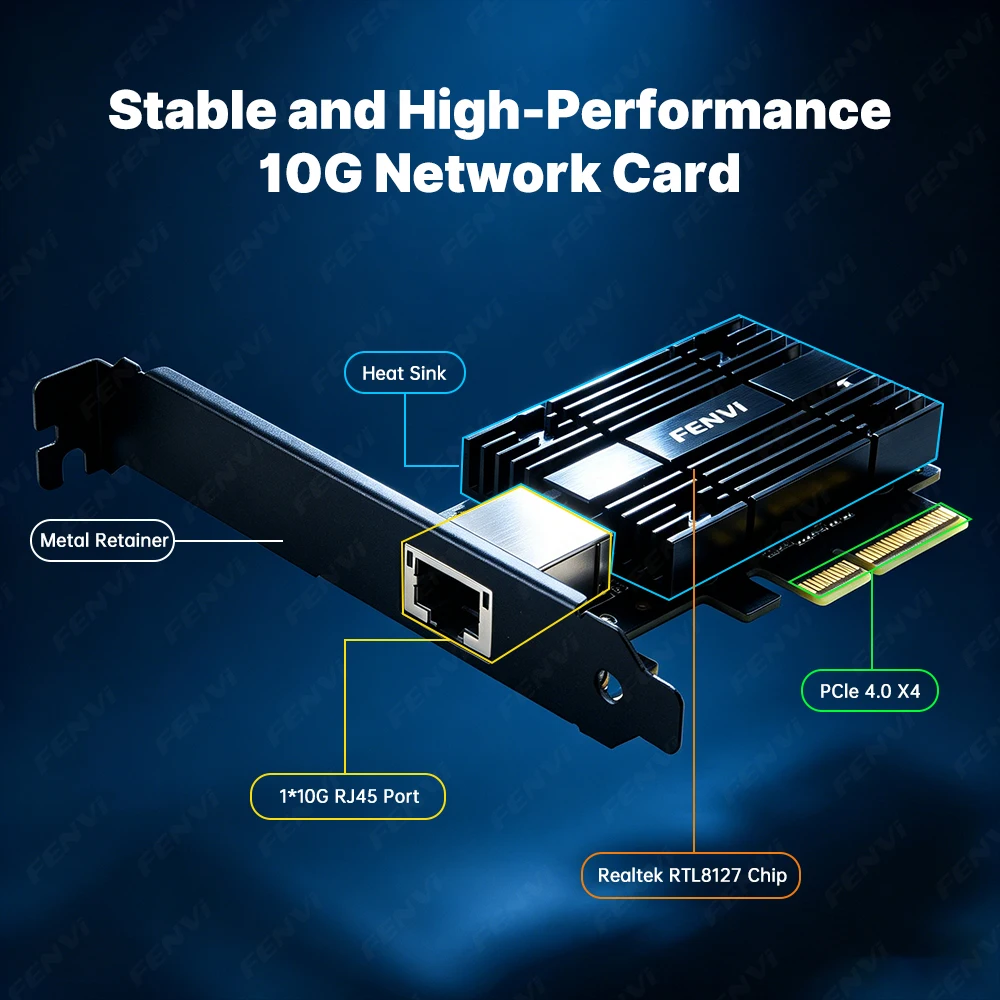 Фото Сетевая карта FENVI 10Gb PCIe 3.0 X4 RTL8127 RJ45 Ethernet LAN-адаптер Multi-Gig 10G/5G/2.5G/1Gbps для настольных ПК Windows/Linux №5