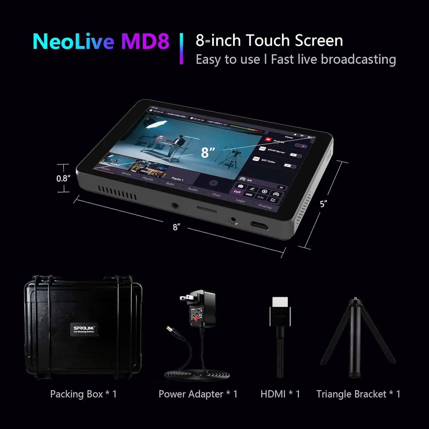 Фото Портативный видеомикшер NeoLIVE MD8 для прямых трансляций с 8-дюймовым сенсорным экраном, поддержкой нескольких камер и встроенной поддержкой для TikTok, YouTube, Instagram №3