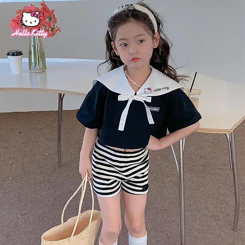 Sanrios Hellokittys Kawaii Kids Preppy Navy Collar Short Sleeve T-Shirt Set Summer Cotton Girls Top Striped Shorts Baby Clothes