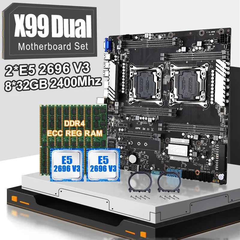 

JINGSHA X99 Dual Motherboard Kit Set LGA 2011-3 With 2PCs XEON E52696V3 And 8PCs DDR4 32GB ECC REG RAM VGA USB3.0 8-Channel Mobo