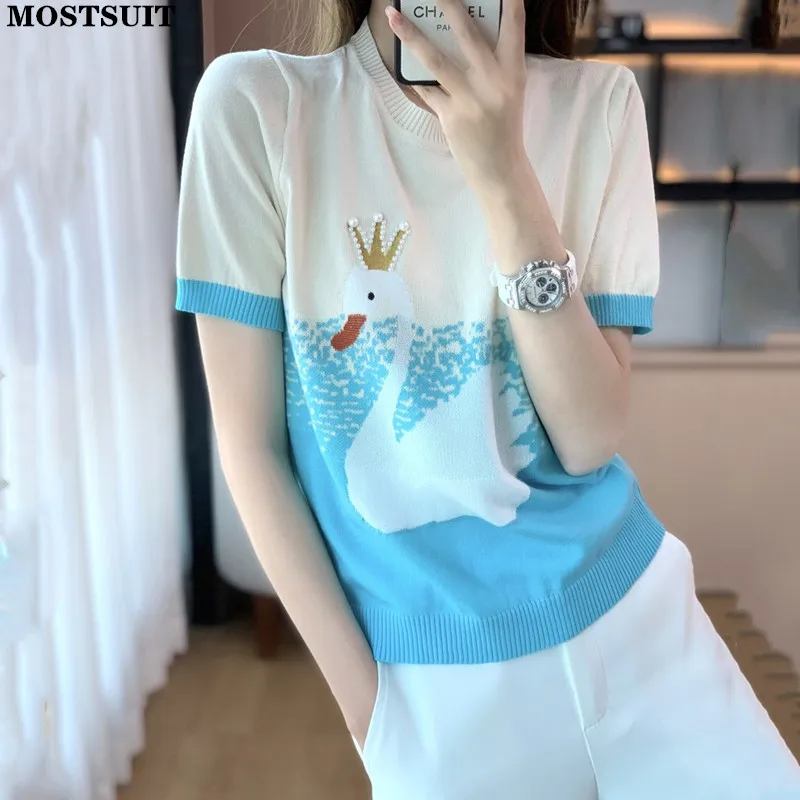 

2022 Summer Swan Jacquard Knit Pullovers Tops Women Short Sleeve Ice Silk Knitted T-shirts Knitwear Casual Loose Ladies Jumpers