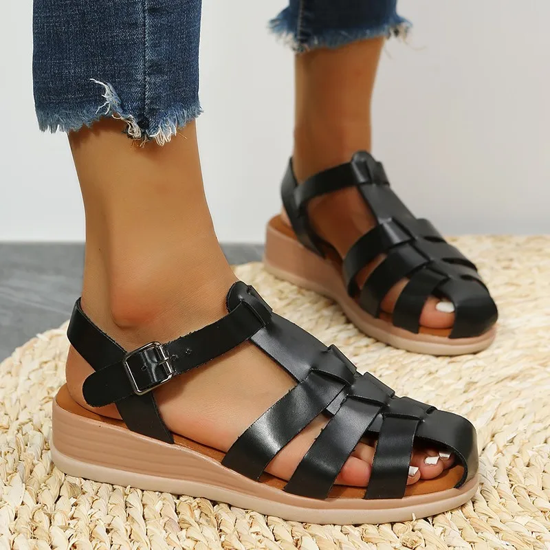 

Cross weaving narrow band sandalias mujer ankle buckle square toe flats slippers vintage cut-out gladiator sandals casual shoes