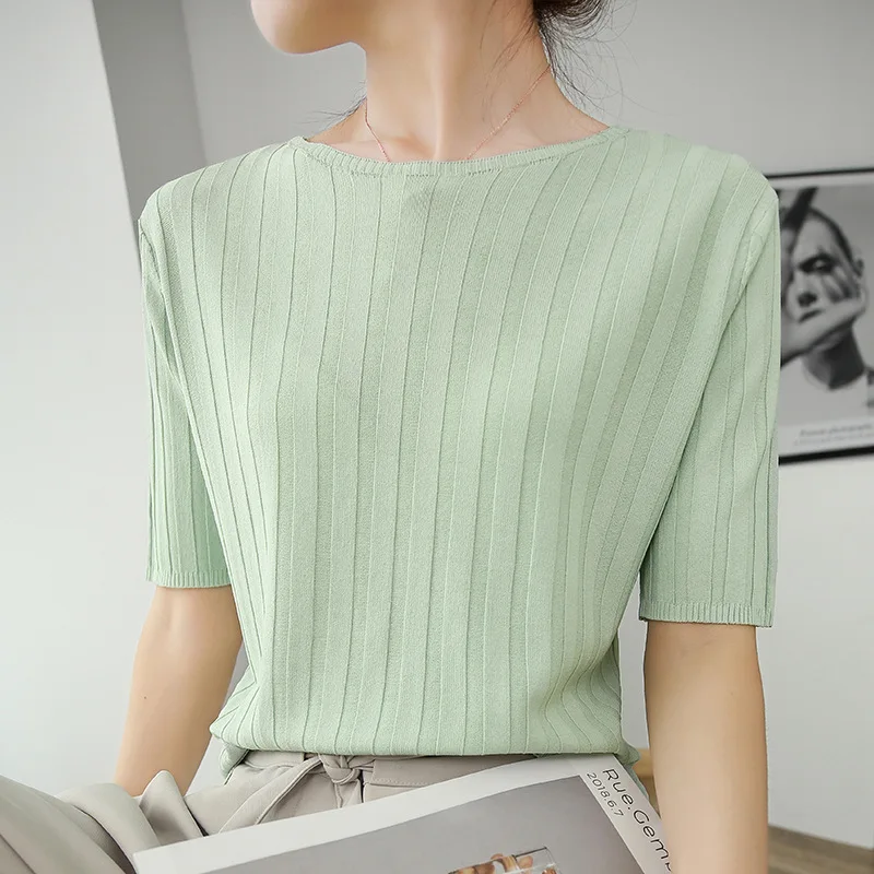 

Свободные топы, женские летние однотонные Повседневные пуловеры с круглым вырезом и коротким рукавом, Женский вязаный элегантный шикарный ...