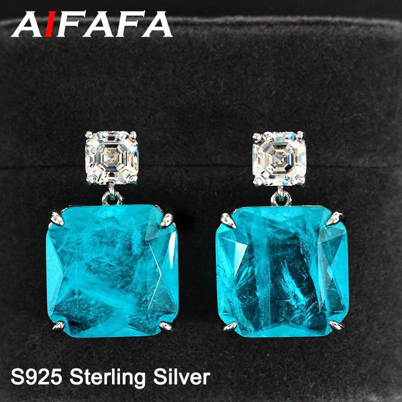 

AIFAFA Solid 925 Sterling Silver Paraiba Tourmaline Gemstone Drop Earrings Top Quality High Carbon Diamond Gemstone Stud Jewelry