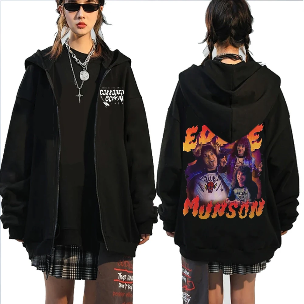 

Eddie Munson's Rooftop Concert Zip Up Hoodies Oversized Hoodies Eddie Munso Lightning Guitar Power Zip Hoodie