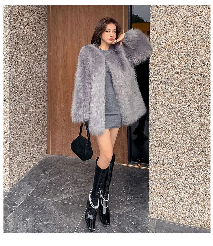 Women's Leather Fur Coat Raccoon Fur Fashionable Fur Coat Women's Mid-Length Faux Fox Faux Fur Coat