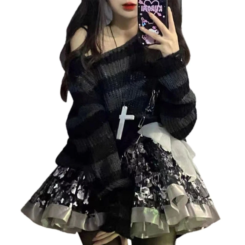 

Gothic Knitted Top Neckline Striped Hollow Out Loose Cropped Pullover