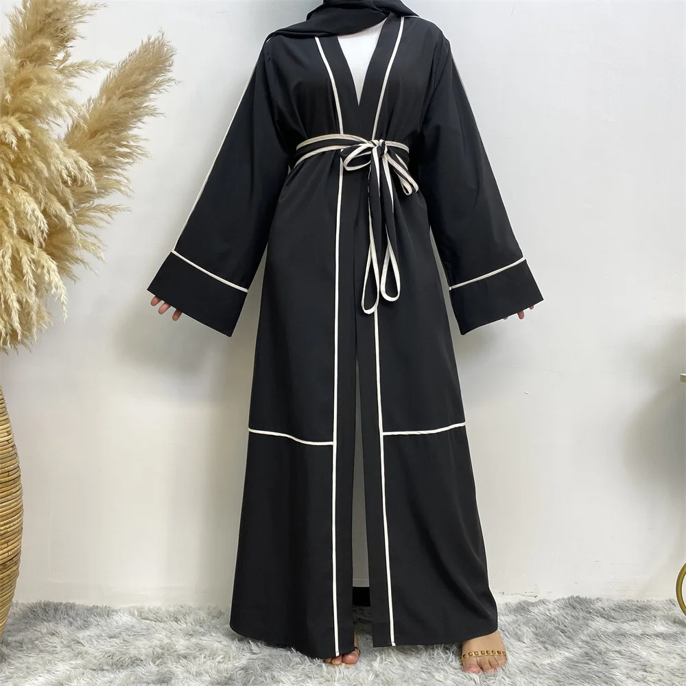 

Eid Ramadan Open Abaya Dubai Kimono Cardigan Muslim Women Dress Islamic Turkish Jalabiya Caftan Gown Belted Clothing Middle East