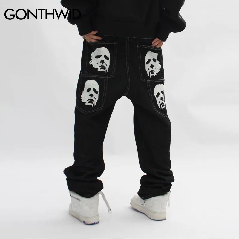 Hip Hop Gothic Denim Pants Streetwear Mens Graphic Print Baggy Punk Rock Jeans 2022 Harajuku Casual Loose Jean Trousers Black