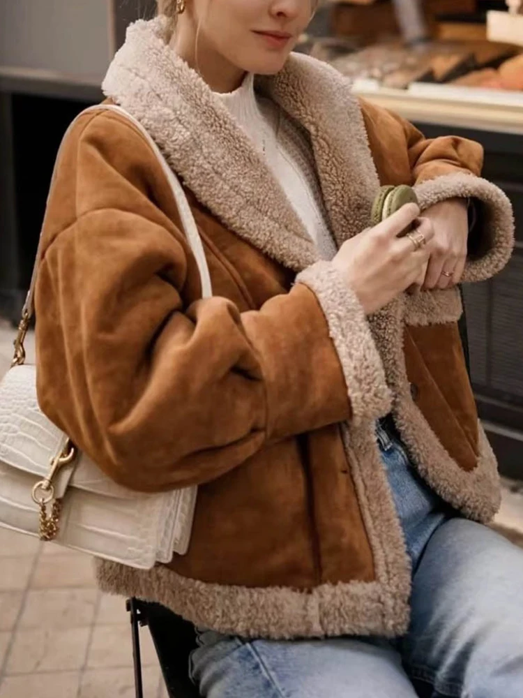 Ailegogo Autumn Winter Women Vintage Thick Warm Faux Suede Leather Fur Jacket Retro Female Loose Single Breasted Lamb Fur Coat