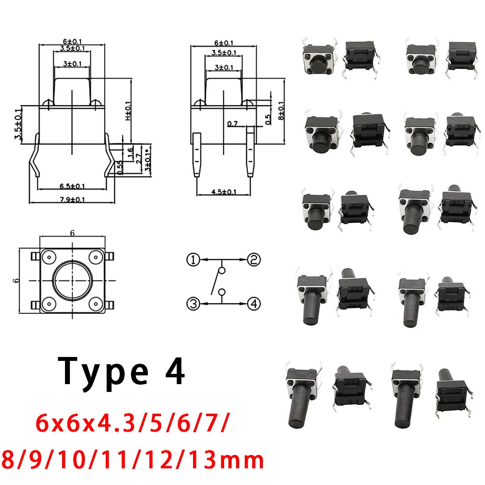 

50 шт./лот 6x6 мм микро тактильные кнопочные переключатели 6*6*4,3/5/6/7/8/9/10/11/12/13 мм DIP SMT 2 Pin 4 кнопка мгновенного такта Pin