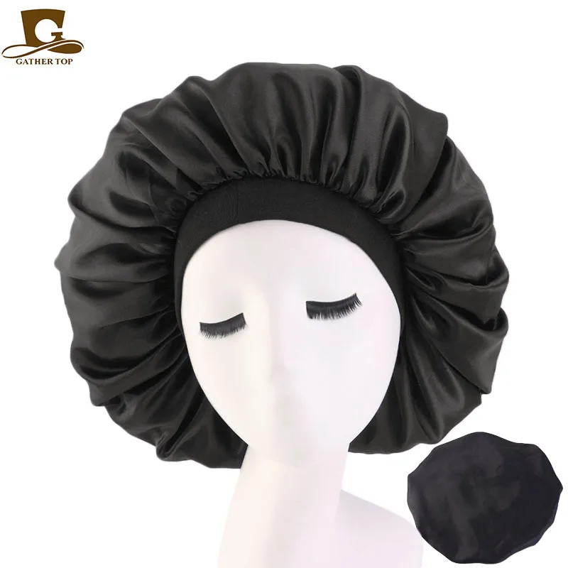

1Pcs Black Extra Large Satin Sleep Cap High Quality Waterproof Shower Cap Protect Hair Women Solid Color Hair Treatment Hat B1