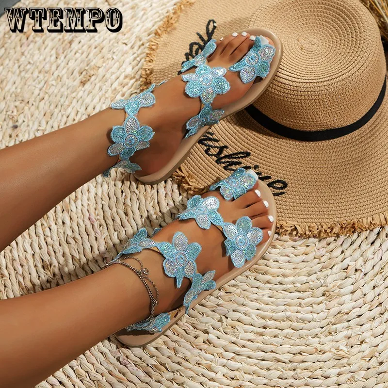 

WTEMPO Bling Flower Flats Sandals Women Summer Dress Slippers Slingback Flip Flops Beach Zapatos Slides Wholesale Dropshipping