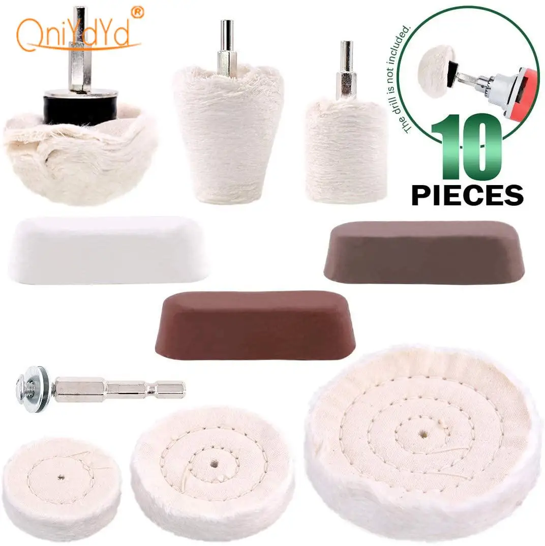 

10 Pcs Buffing Pad Polishing Wheel Kits with 3Pcs Rouge Compound with 1/4 inch Handle, for Manifold, Aluminum, Stainless Steel