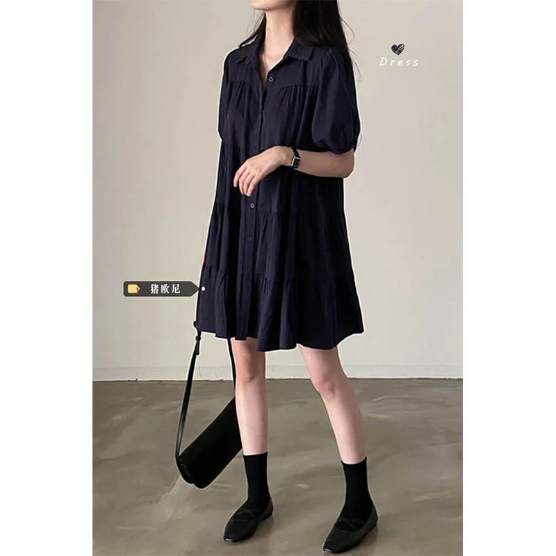

2022 New Arrival Summer Women Dresses Korean Chic Turn-Down Collar A-Line OL Female Dress Japanese Sweet Solid Dresses