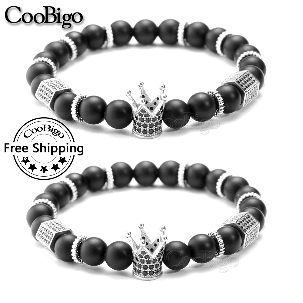 

1pcs Crown Mens Bracelet Cubic Zircon Natural Stone Bangle Micro Pave Crown Charm Bracelets Black Beaded Trendy Jewelry 8mm