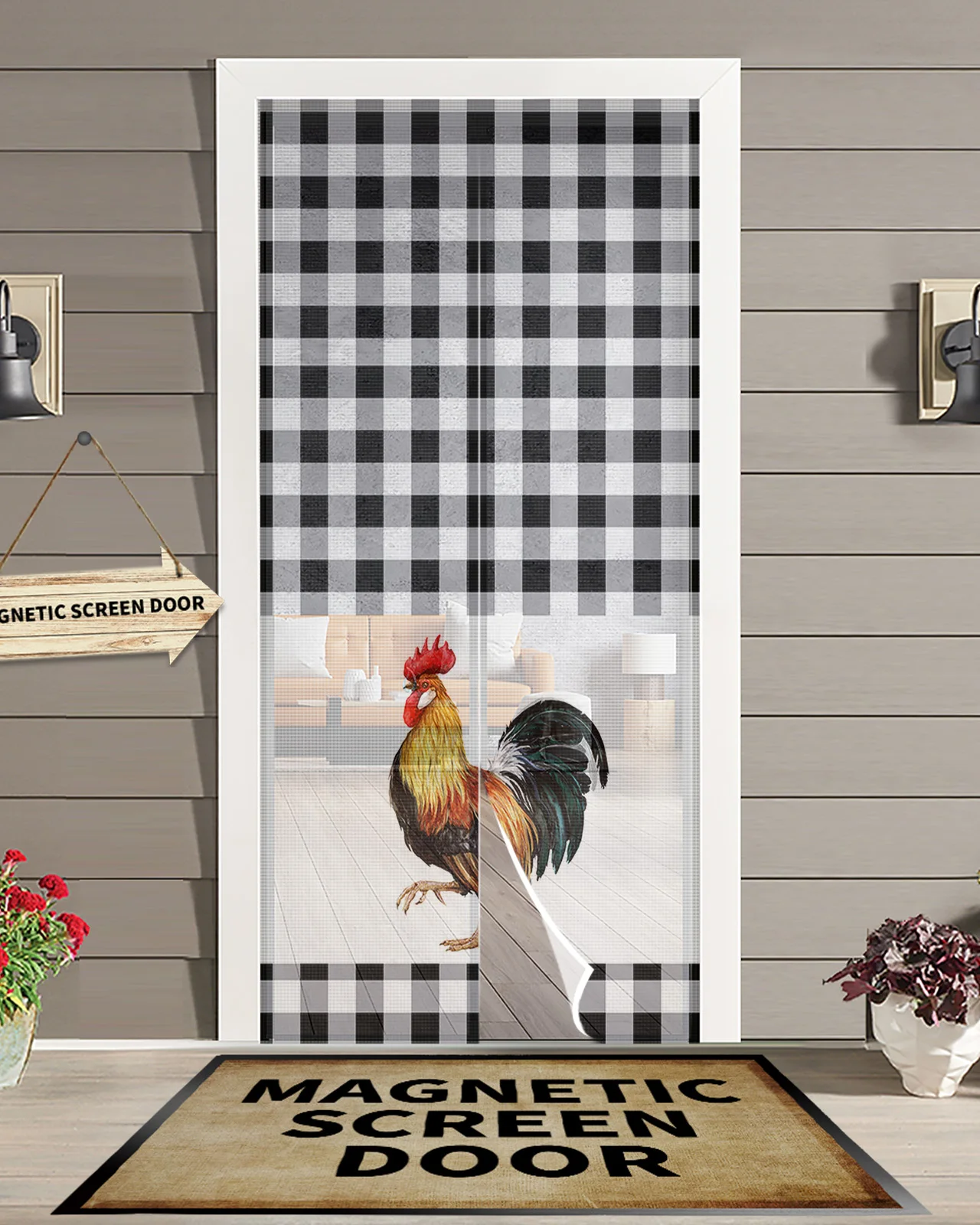 

Farm Rooster Black And White Plaid Modern Magnetic Mosquito Door Curtain Anti Mosquito Insect Fly Bug Bedroom Door Curtain