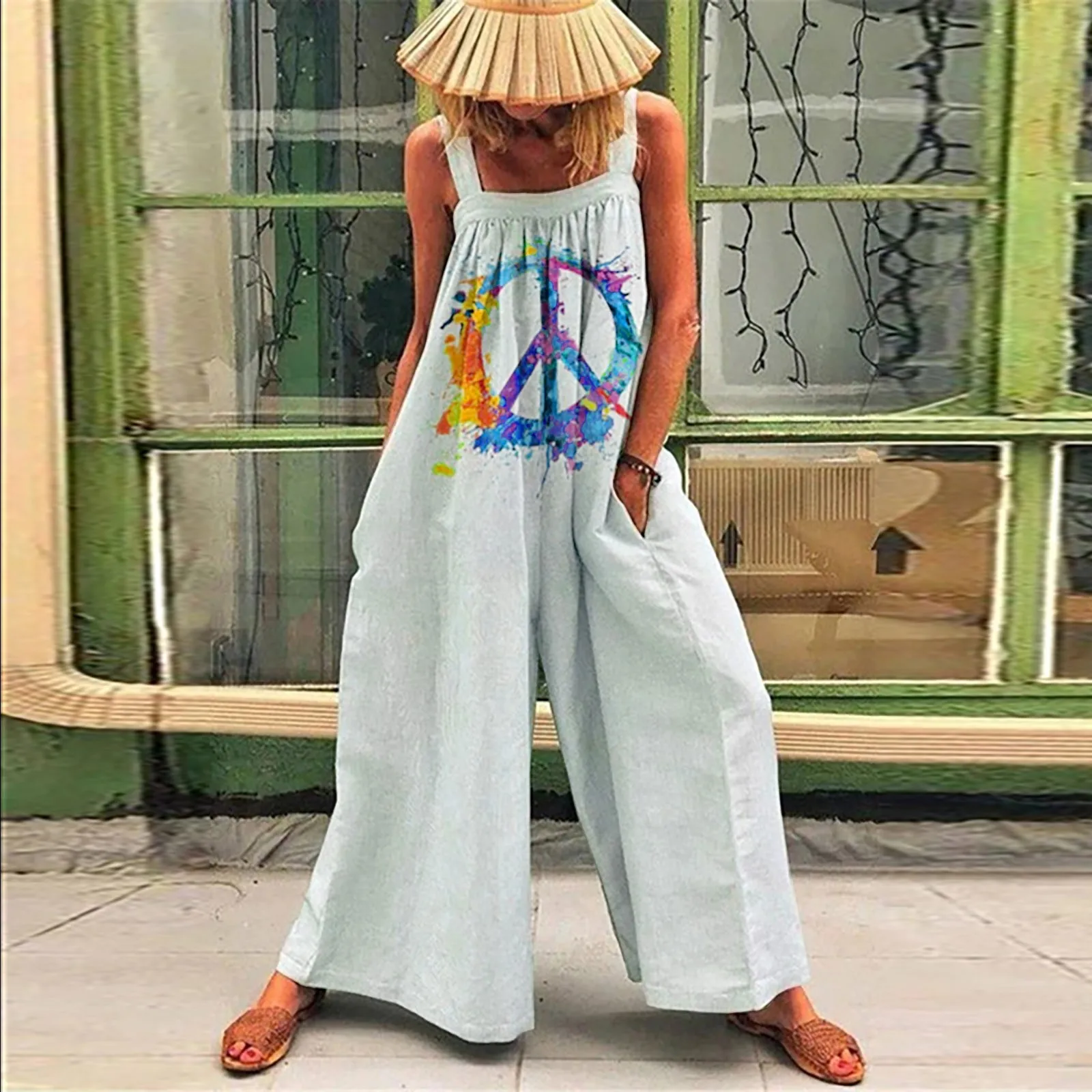 

2022 Summer Bohemian Jumpsuits Womens Wide Leg Overalls Geometric Print Holiday Beach Casual Harajuku Sleeveless Long Romper 4