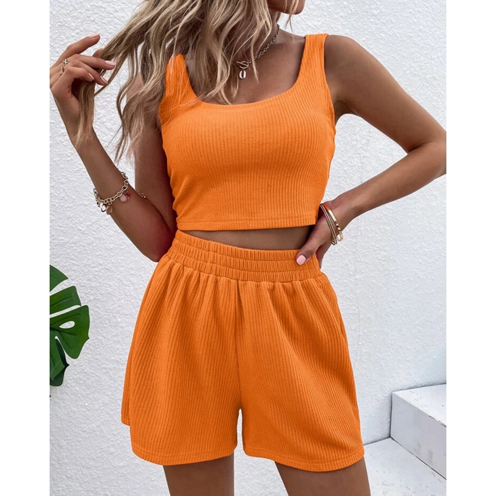 2023 Casual Women Knitted Ribbed Sleeveless U-Neck Vest Cami Top & Shorts Set Summer Two Pieces Suit Set Outfits Homewear Lounge