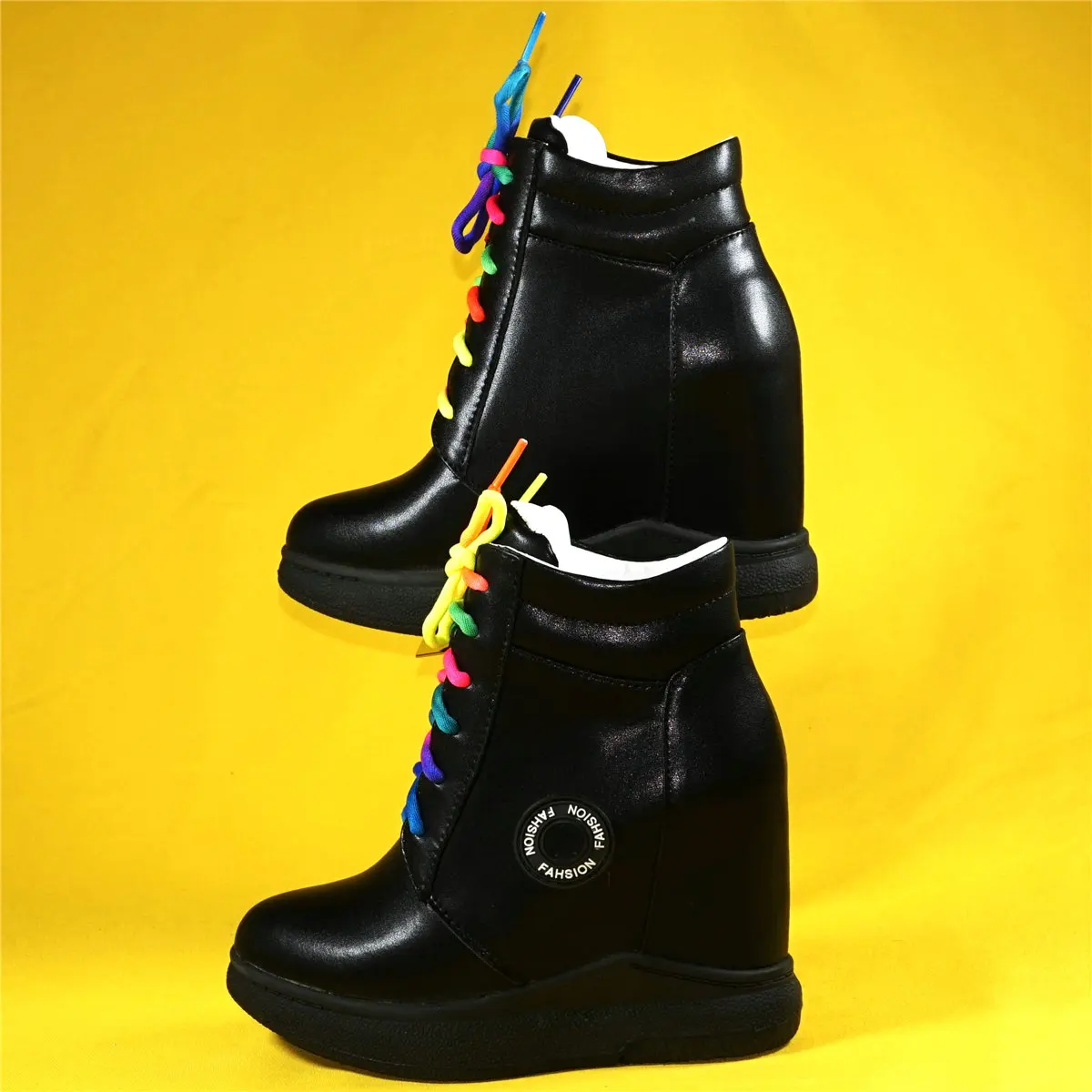 2023 Fashion Sneakers Women Lace Up Genuine Leather Wedges High Heel Pumps Female Round Toe Platform Ankle Boots Casual Shoes