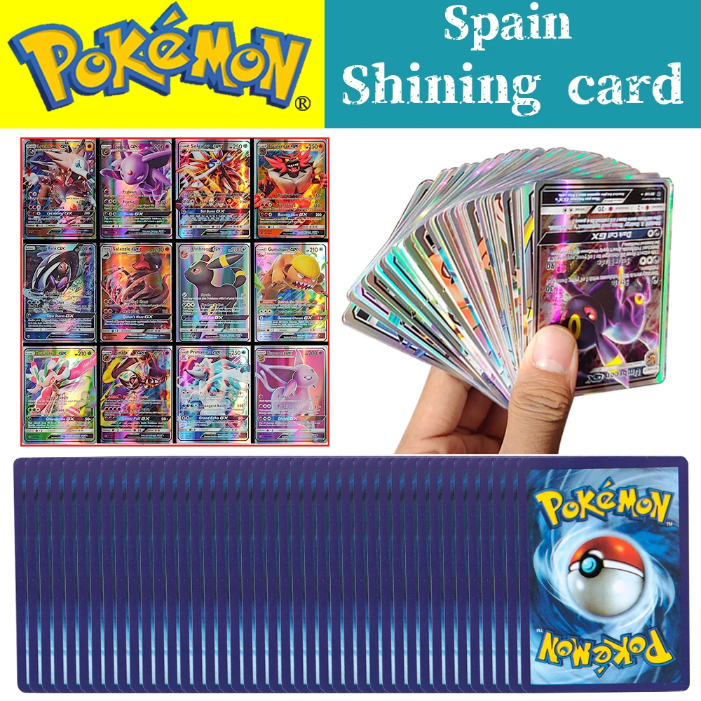 

2022 New Pokemon Card English Spain 100 Vmax GX Mega EX Pikachu Game Battle Shining Pokémon Cards Kids Toys for Halloween Gift