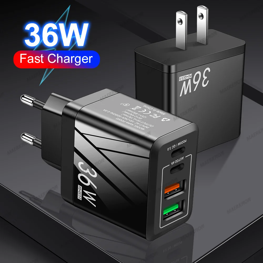 

36W 3A 4 Ports Dual PD Type c Wall Charger Fast Charging Power Adapters For Iphone 13 14 Samsung s20 s22 Utral Htc Xiaomi Huawei