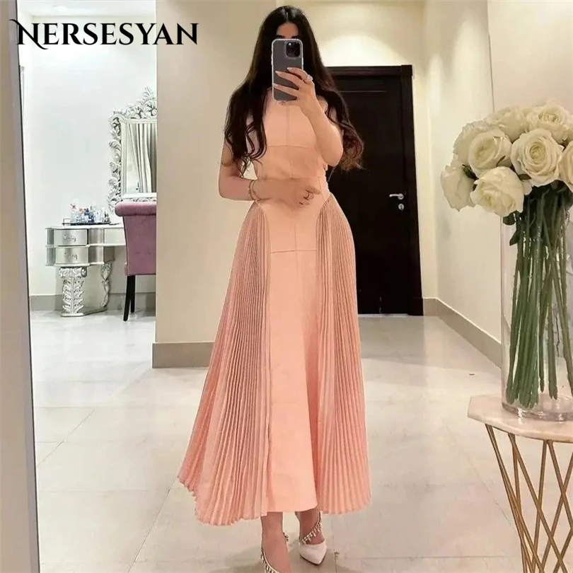 

Nersesyan Pink Chiffon Sleeveless Formal Prom Gowns High-Neck A Line Pleats Party Dresses Ankle-Length Homecoming Evening Gown
