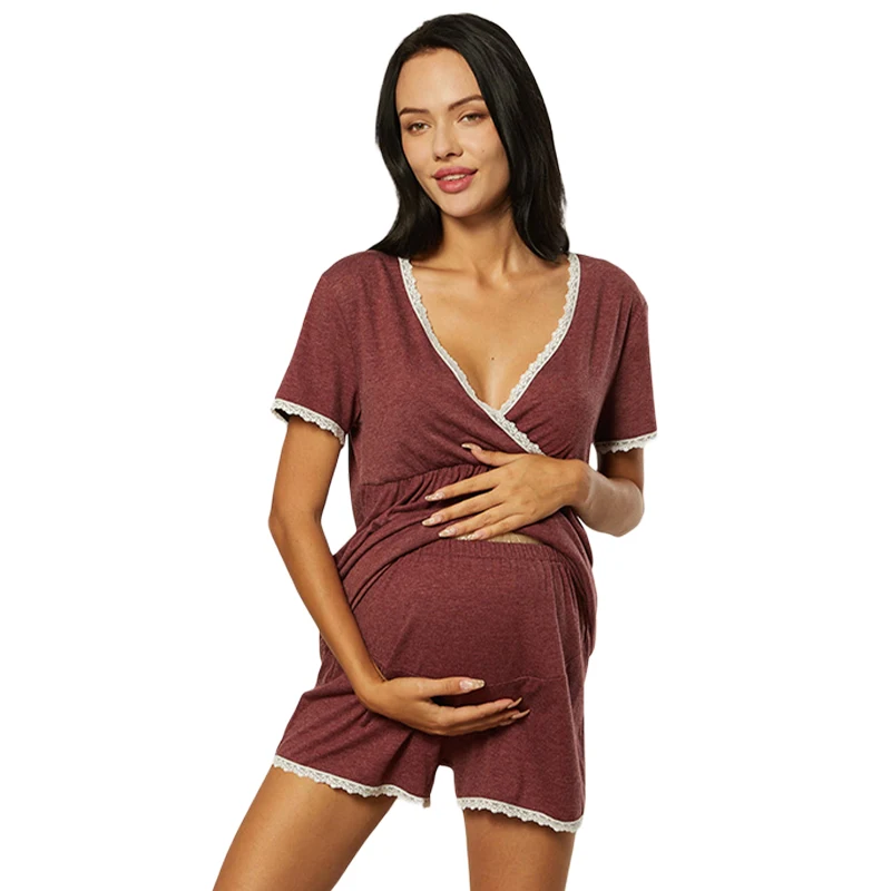 

Женский костюм для беременных женский топ с V-образным вырезом и коротким рукавом для грудного вскармливания + мягкие шорты с эластичным поя...