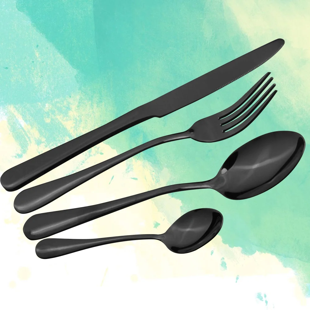

4 Pieces Metal Utensils Set Metal Cutlery Set Stainless Steel Utensils Set Dessert Forks Black Silverware Gold Flatware Portable