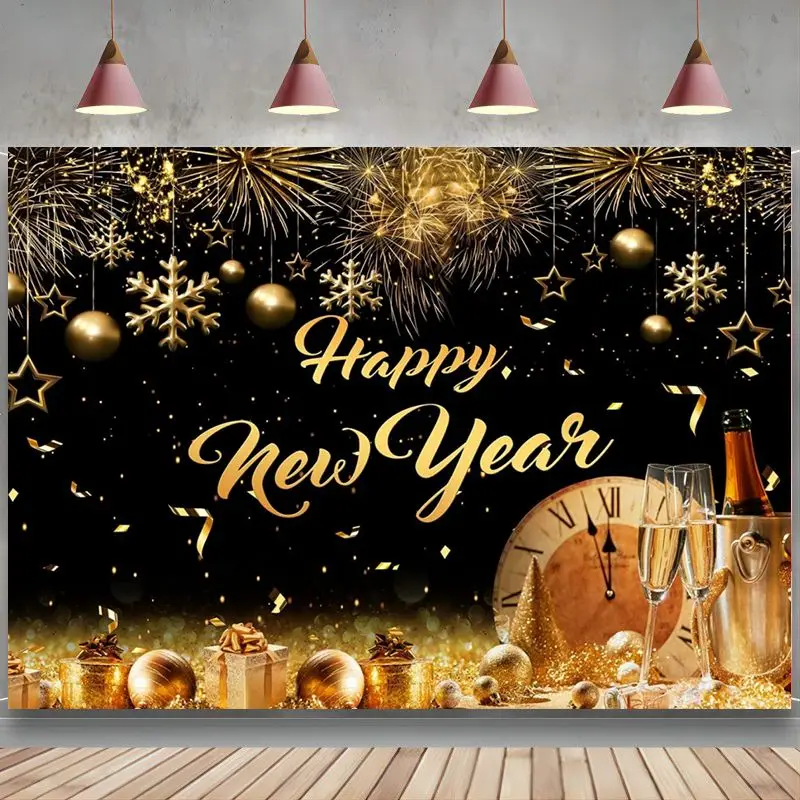 

Happy New Year Golden Particles Bokeh Black and Gold Photography Background New Year Party Backdrops